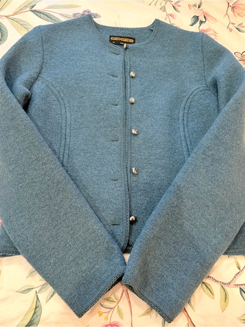 Vintage Geiger Blue Boiled Wool Silver Button Cardigan